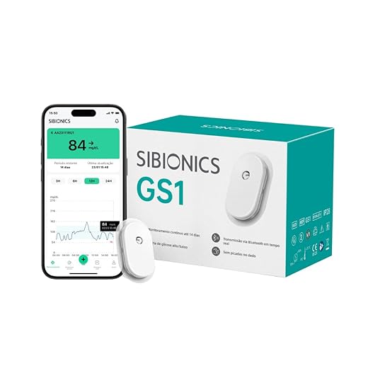 SIBIONICS CGM GS1 – Monitor de Glicose Contínuo 14 dias | 288 Leituras/dia | Sem Escaneamento | Bluetooth | Relatórios AGP | IP28 à prova d’água | Aplicador Indolor
