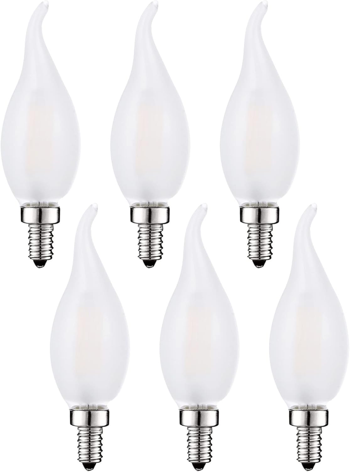 SHUWDKAR Frosted LED Candelabra Bulbs 60 Watt Flame Tip Chandelier Light Bulb, 6W Smooth Dimmable 3000K Soft White Frosted Glass with E12 Candelabra Base, 6 Pack