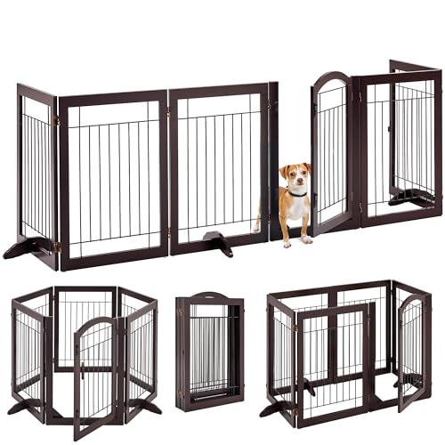 Image of Yaheetech 32 inchH 6-Panel Extra Wide Freestanding Dog Gate For Stairs Doorways | Sturdy Construction, Durable Support Feet, Tool-Free Setup, Fold Flat Barrier Ideal for Small /Medium Dogs, Espresso