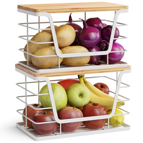 ALOCEO 2 Pack Potato and Onion Storage Bins, Large Trash Bag Holder Under Sink with Bamboo Top, Stainless Steel Pantry Organizers Storage, Kitchen Counter, White