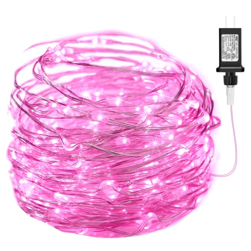 Image of Pink Fairy Lights Plug in, 33Ft 100 LEDs Waterproof Silver Wire Firefly Valentine's Lights, Adaptor Included, Starry String Lights for Wedding Indoor Outdoor Patio Garden Valentine's Day Decoration