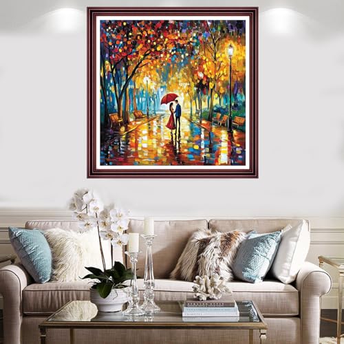Image of Redxing Stamped Cross Stitch Kits Full Range of Embroidery Starter Kits- Needlepoint Counted Cross Stitch Kits for Beginner Adults 11CT Printed Embroidery Kit-Couple Strolling Rainy Night 18x18 inch