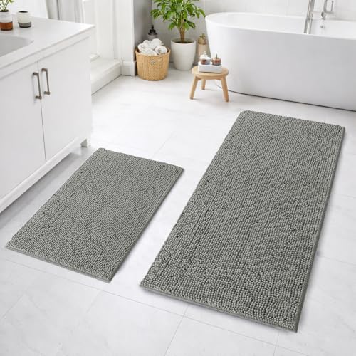 Image of LUXEHOME International Bath Mats for Bathroom Anti Slip Microfiber Chenille Super Absorbent Quick Dry Water Soak Floor Mat for Home Kitchen Door (45x75cm 60x120cm Grey) Pack of 2