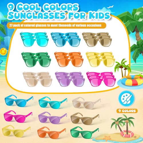 27 PACK Kids Sunglasses Bulk Party Favors,Neon Sunglasses with UV400 Protection,80s Retro for Boys Girls Age 3-8, Beach Pool Birthday Party Supplies, End of Year Student Gifts Goody Bag2