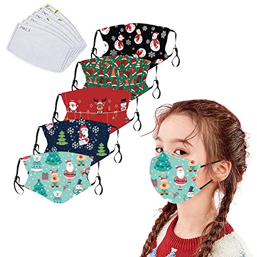 5Pack Christmas Mask for Children with Filter Pocket with 6 Pcs Replacement Filters-Washable Xmas Face Mask (Christmas D)