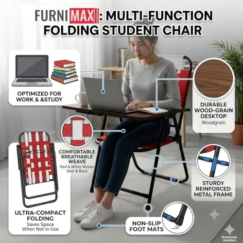 Image of Adjustable Writing Pad Study Desk Chair | Mild Steel Foldable Frame | Comfortable Red & White Nylon Niwar Seat | Ideal for Coaching, Home, Kids, Students, Office, Study Room Use (Red & White)
