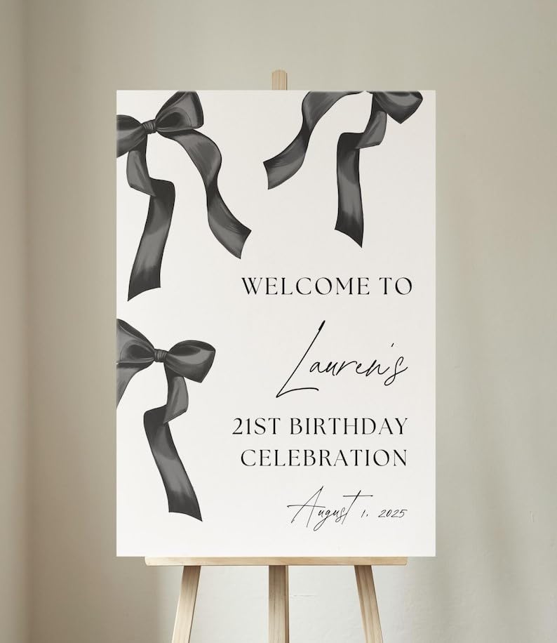 Black Bow 21st Birthday Welcome Sign, Personalized Black Ribbon Birthday Poster, Birthday Party Entrance Sign, Coquette 21st Birthday Decor, Any Age,