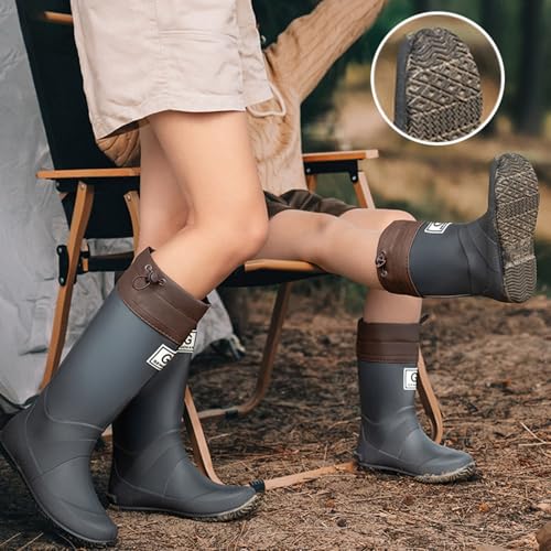 Gummistiefel für Damen, hoch, faltbar, wasserdicht, für Regen, Outdoor, Wandern, Hundespaziergänge, Wasserschuhe, Chelsea, grau, 37.5 EU