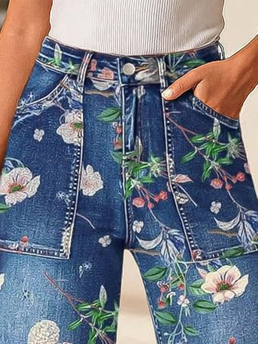 Flamingals High Rise Wide Leg Capris Floral Cropped Pants Summer Stretch Beach Casual Denim Capri2
