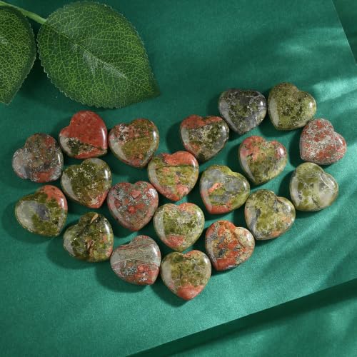 Image of QINJIEJIE 20 PCS Unakite Heart Crystal Green Red Healing Crystals Natural Cute Stones Pocket Healing Palm Love Bulk Set Wholesale Reiki Energy Balancing Meditation Mother's Day Gift