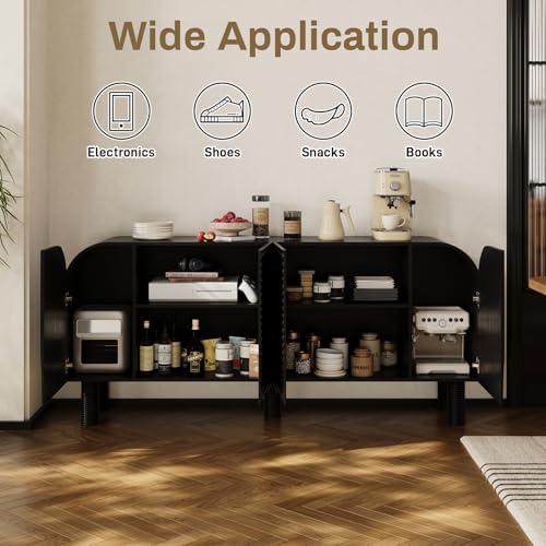 Image of 71 inch Curved Sideboard Cabinet with Storage, 4-Door Buffet Credenza,Black