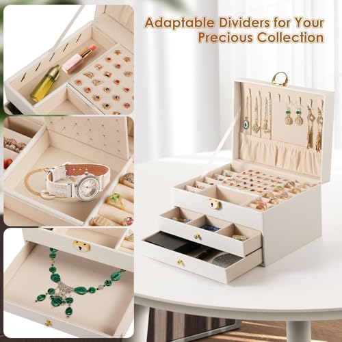 Image of Vlando 3 Layer Jewellery Organiser Box, Large PU Leather Jewelry Storage Case With Drawers, Earrings, Rings, Necklaces Holder | Luxury Jewellery Box For Women & Girls Gift (White)