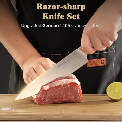 Image of Astercook Knife Set Kitchen with Block and Sharpener Premium Full Tang 17 Pcs German Stainless Steel Knives Dishwasher Safe Kitchen Utensils Set with with and Anti-slip Ergonomic Handle, Cream White