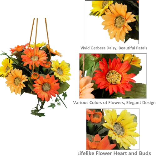 Hyeflora Fully Assembled Artificial Flowers Hanging Basket, Fake Gerbera Daisy Hanging Planter, Silk Calendula Dahlia, Faux Green Leaves Arrangement For Outdoor Garden Yard Porch Home Decoration #TOP1