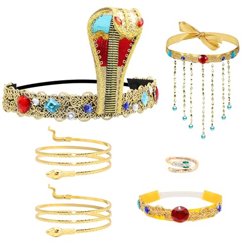 VEGCOO 6 Pcs Deguisement Cleopatre Femme, Accessoires de Cleopatre Deguisement pour Mascarade Halloween Carnaval NoëL Jeux de Rôle Soirée à Thème Égyptien