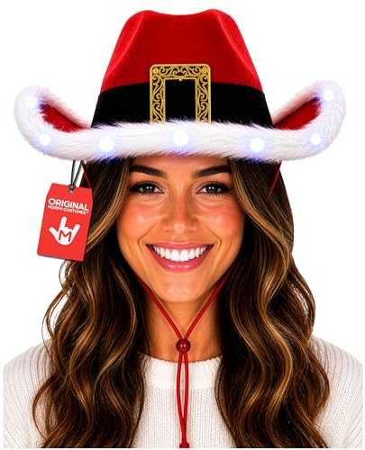 Nicky Bigs Novelties Morph Adult Light Up Santa Claus Christmas Cowboy Hat - Light Up LED Lights Cowgirl Hats - Holiday Western Costume Accessory Red White One Size