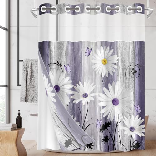 Nesphy No Hook Shower Curtain with Snap in Liner 71x74 Inch Flower Daisy