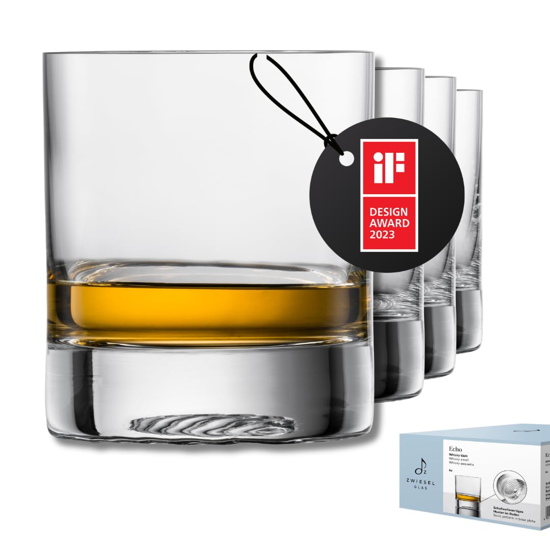 Zwiesel Glas Szklanki do whisky, małe Echo (zestaw 4 szt.), nowoczesny kubek do whisky, nadają się do mycia w zmywarce, szklanki kryształowe Tritan, Made in Germany (nr art. 123379)