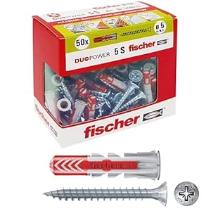 Fischer 544015 5 Y Duopower Dowels with Screw for Full, Perforated and Plasterboard, 5 x 25 mm, Grey, 50 Piece