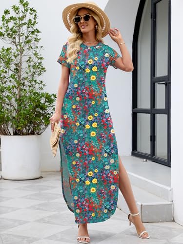Image of Heymoments Womens Summer Maxi Dress Short Sleeve Casual Loose Long T Shirt Split Vacation Beach Sundress with Pockets