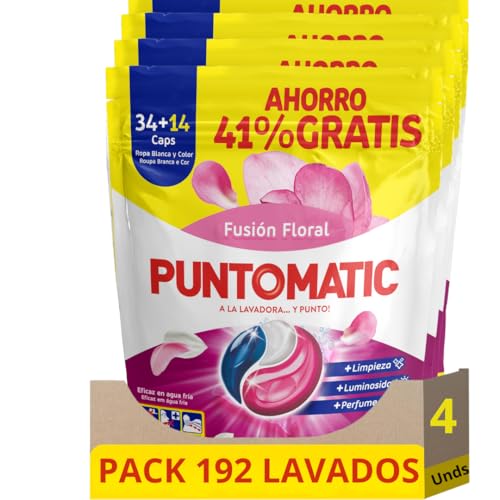 PUNTOMATIC | Cápsulas Tricámara Floral | Detergente Lavadora para Ropa Blanca y de Color | Quitamanchas | 34+14 (48) lavados, 4 Unidades 192 Lavados (192)