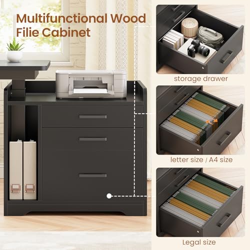 Image of SEDETA L Shaped Electric Standing Desk with File Cabinet, 63 x 53'' Height Adjustable Home Office Computer Desk with Drawers, Power Outlet, Stand up Gaming Table with Led Lights, Keyboard Tray, Black