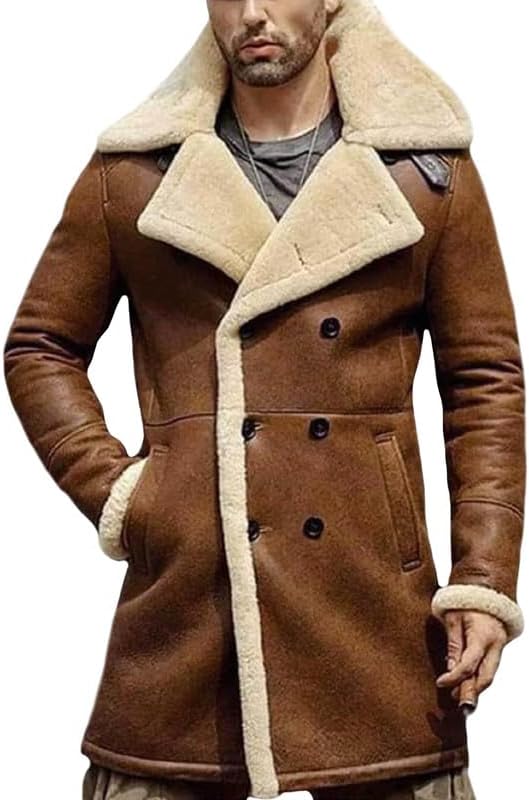 J'Jackin Men’s Brown Shearling Aviator Coat – Genuine Sheepskin Leather B3 Bomber Trench Coat with Faux Fur Lining - Image 2