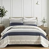 SOElinens Striped Quilt Queen Size - Navy White Quilt Set with Matching Shams, Vintage Vine Design Farmhouse Bedding Bedspread, 3 Pieces 100% Cotton Lightweight Coverlet Home Decor for All Season