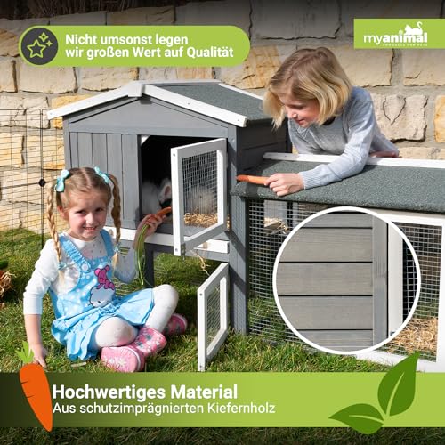 Miweba MyAnimal Hasenstall MH-03 | Kaninchenstall mit Freilaufgehege - Hasenkäfig - Kleintierkäfig - Holz imprägniert - Kaninchenkäfig Winterfest - Kleintiergehege - Käfig - Hasenhaus (Grau/Weiß)