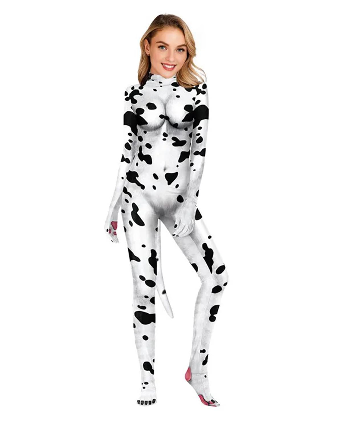 Jackolume Women's Halloween Animal Bodysuit with Tail Furry 3D Print Cosplay Petsuit Full Body Sexy Zentai Jumpsuit Adult Costume Unitard Dress Up Party