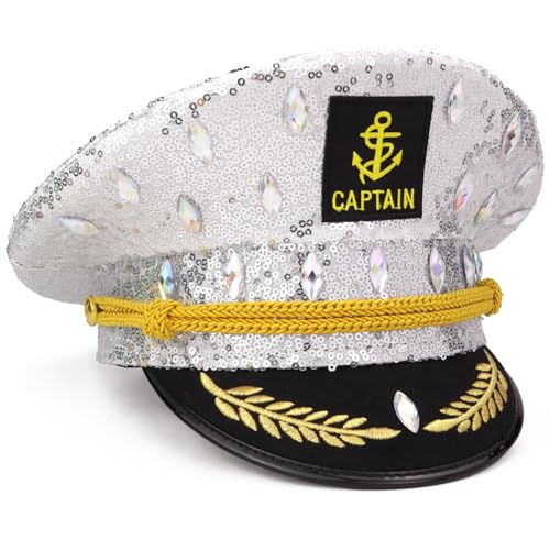 Needzo Studded Rhinestone Captains Hat Accessories for Music Festivals Pride and Bachelorette Parties One Size Fits Most (Silver)