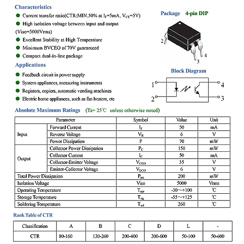 Image of PC817 PC817C Transistor Output Optocoupler DIP-4 2.54mm Pitch for DIY (Pack of 50pcs)
