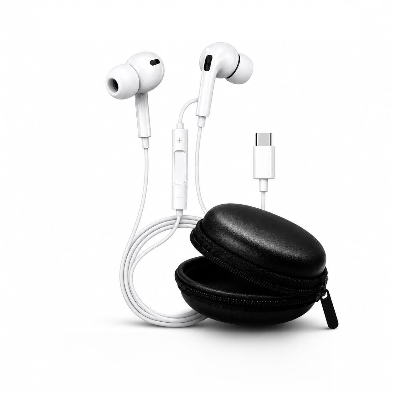 type c wired earphones with microphone, in-ear stereo earbuds with volume control & carrying zipper case combo for android smartphones, tablets & type-c devices (white + black case)