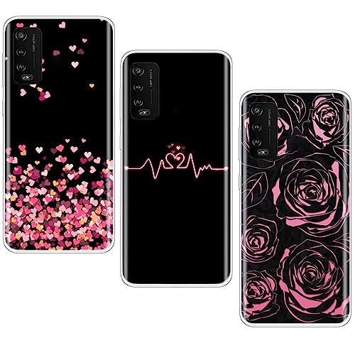 EuoDuo 3-Pièces pour Wiko Power U10 Coque Silicone Transparente avec Motifs Ultra Fin TPU Souple Bumper Housse Etui de Protection, Noir Cœurs d'amour Rose...