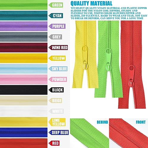 42 Yards 14Pcs Zippers by 5 Nylon Coil in Assorted Colors with 112 Zipper Sliders Pull Head for DIY Tailor Sewing Crafts Supplies, 14 Color