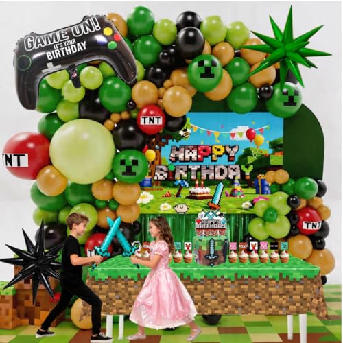 Pixel Game Birthday Party Decorations Game On Pixel Theme Party Supplies Kit for Boys & Girls 131 Pcs Balloons Backdrop Curtain Table Cover Cake Toppers