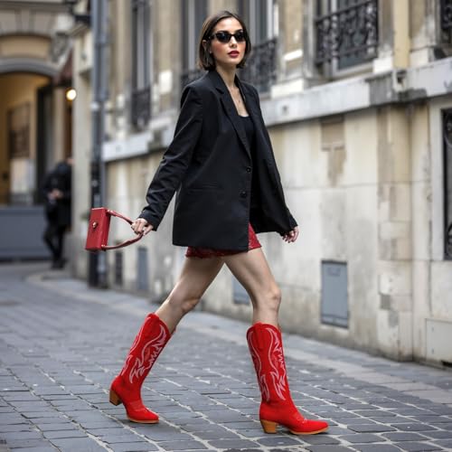 Image of GORBINETI Women Cowboy Boots Mid Calf Cowgirl Western Boots Embroidered Suede Pull On Almond Toe Chunky Heel
