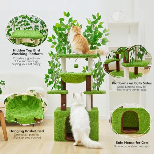 Woochpet 152 cm Katzenbaum mit Blättern zum Klettern, Verstecken und Schlafen, inklusive Hängematte, Kratzbaum und großem Katzenhaus – Bild 3