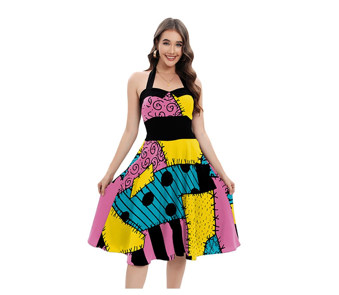Shukqueen Womens Christmas Nightmare Sally Cosplay Dresses Strappy Halter Neck Sleeveless Dress Halloween Costume Yellow Medium