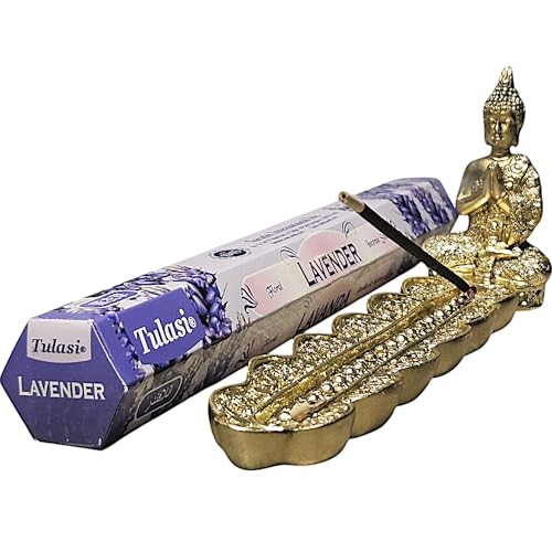 Porta Incienso Buda Dorado 20cm con 20 Sticks de Lavanda Natural Artesanal de la India – Soporte Decorativo Ideal para Reiki, Yoga y Hogar - Quemador budas Decorativos incensario - Incense Burner