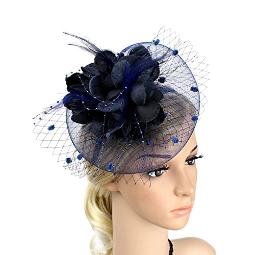 Meiliy Sinamay Fascinator Hat with Headband Mesh Feather Silk Flower Hair Clip For Wedding Performance and Party, Navy