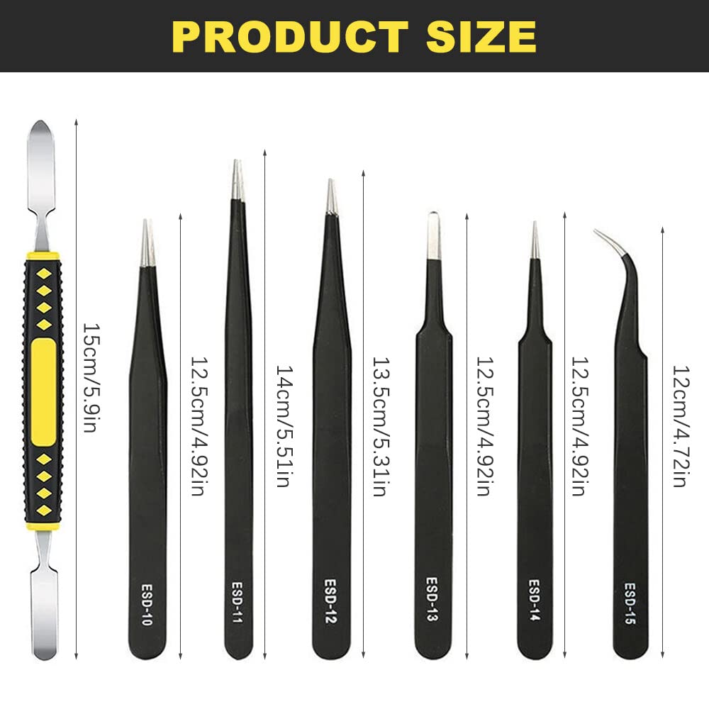 Cdemiy Precision Tweezers Set, 7 PCS ESD With Crowbar, Anti-Static Stainless Steel Craft, Magnetic Curved - Image 2