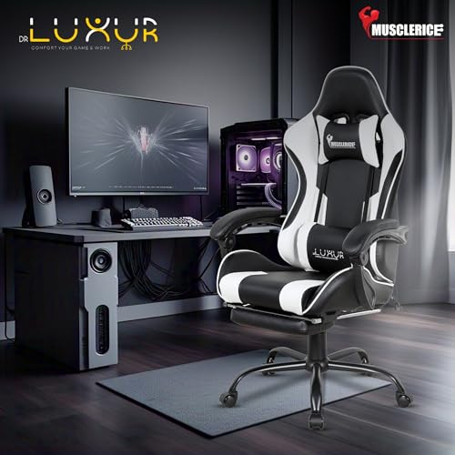 Image of Dr Luxur Musclerice Gaming Office Chair Ergonomic Lumbar Support, PU Leather High Back, Swivel Task Chair with Footrest, Removable Neck, Padded Linkage Arm Rest (Black)