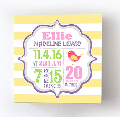 Personalized Stretched Canvas, Striped Birth Announcement, Custom Baby Name, Date, Weight Stats, Safari Lovebird Nursery Wall Decor, Wooden Frame Construction, Ready to Hang 24X24