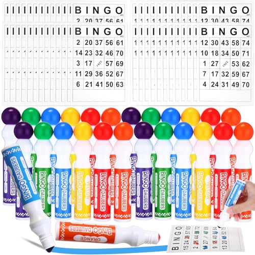 Crtiin 204 Pack Bingo Game Cards and Daubers Set Includes 180 Disposable Paper Game Sheets, 24 Mixed Colors Dot Markers Party Supplies for Card Games Activity Family Gathering Night