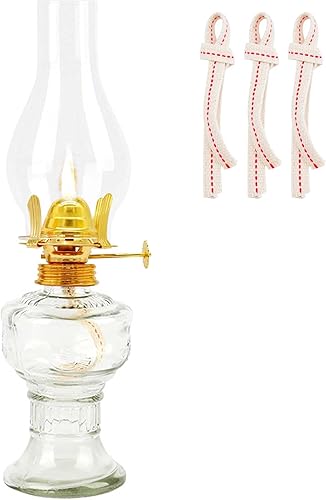 Lámpara de aceite para uso en interiores, 1 lámpara de queroseno de cristal y 3 mechas de 7 pulgadas, lámpara rústica de emergencia de linterna de