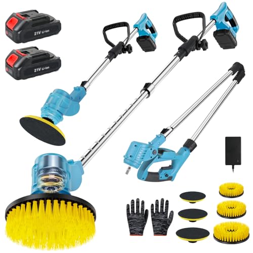 BAHNU Electric Spin Scrubber Extra Long Foldable,Cordless Rechargeable Spin Scrubber Battery Power 21V,1800RPM Cordless Electric Power Scrubber with 6 Brushes for Bath/Tub/Tile/Floor/Walls