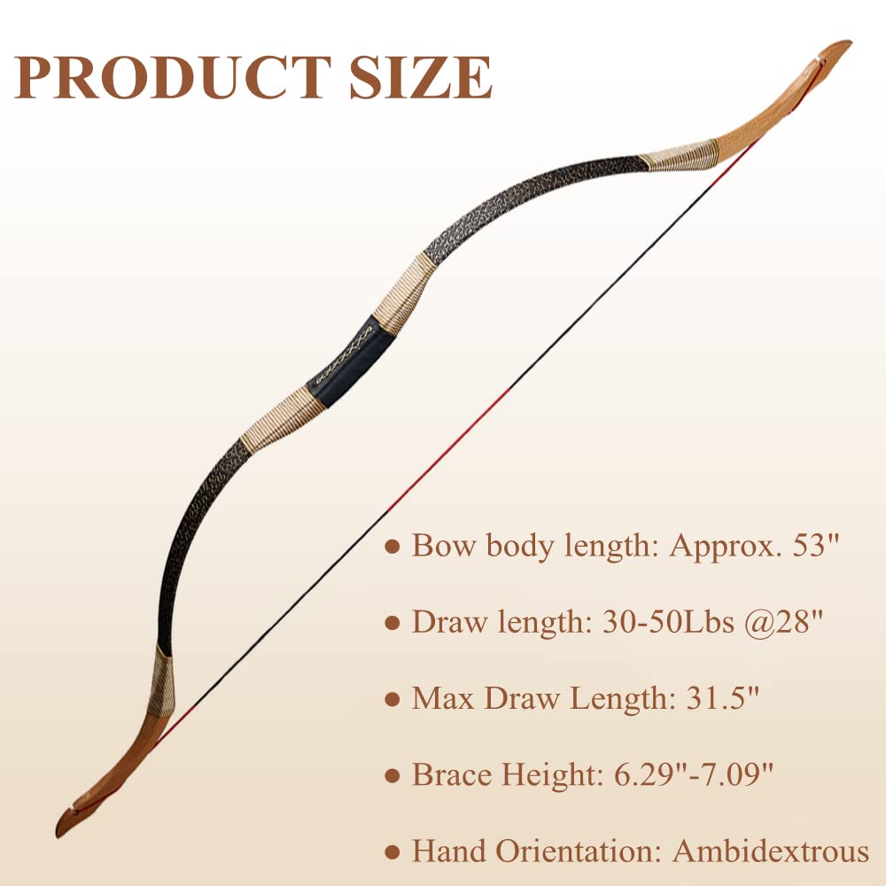 Huntingdoor Longbow Set Arco e Freccia per Adulti 30-50lbs Arco Tradizionale Arco Ricurvo Arco da Cavallo con Frecce in Legno Accessori per Tiro con L'Arco per Pratica del Bersaglio (40lbs)