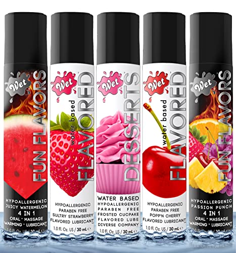 Wet Flavored Sampler Pack, 1 Fl Oz Pack of 5 Edible Sex Lube Premium Personal Oral Lubricant for Men, Women and Couples, Ideal for Foreplay, Paraben Free, Gluten Free, Stain Free, Sugar Free