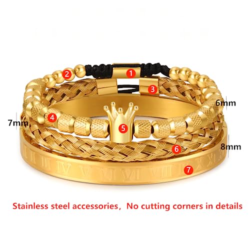 Rintoler 3Pc Stainless Steel Bracelets For Men 18K Plated Gold Cuff Mens Bracelets Imperial Crown Twisted Cable Women Chunky Bangle Bracelet #TOP5